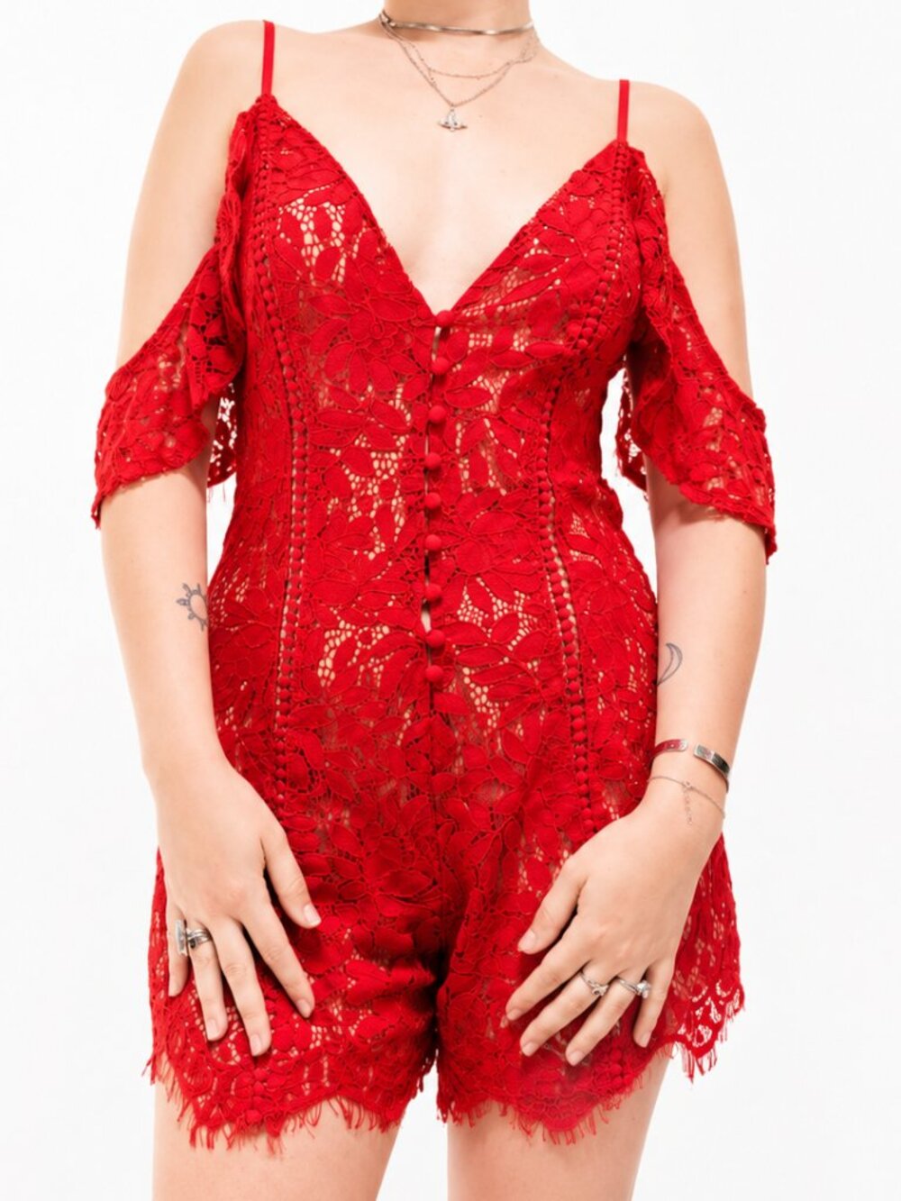 TOBI Red Lace Romper